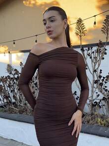 Andrea Bello Women's Elegant Bodycon Midi Dress With Ruched Mesh Design, Long Sleeve, Autumn, Suitable For Dating And Formal Occasions,Summer Dresses For Women - Coffee Brown - View 4