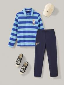 PrepCrw 2pcs Tween Girls Elegant College Style Urban Dog Graphic Colorful Striped Long Sleeve Polo Shirt And Navy Blue Pants Set, Suitable For Outings, Gatherings, Back To School, Autumn And Winter Toddler Boy Outfit Boys Blue Striped Shirt Boys Navy Pants Boys Cruise Outfit Boy Striped Polo Shirt Boy Stripe Outfit Blue Boys Outfit Boys Polo Shirt Outfit Kids Navy Pants  Backtoschool,Fall,Old Money - Multicolor - View 1