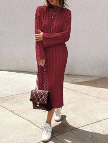 EURMUSE Women's Knitwear Long Dress With Cable Pattern - Burgundy - View 4