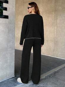 EURMUSE Women's Knitwear Co-Ords With Stitch Detail - Black - View 6