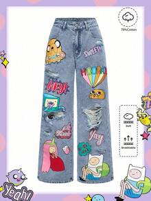 Adventure Time X ROMWE 卡通图案破洞宽松喇叭牛仔裤 - 藍色 - 查看 12