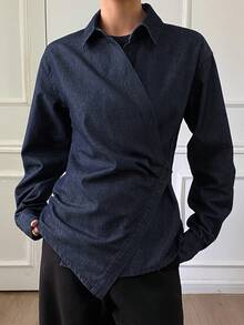 DAZY Women's Lapel Wrap Tie-Waist Long Sleeve Casual Denim Cardigan