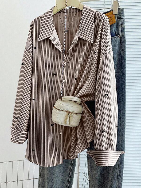 Regalyn Plus Size Women's Casual Everyday Office Commute Striped & Bow Print Loose Fit Drop Shoulder Long Sleeve Blouse, Spring/Autumn