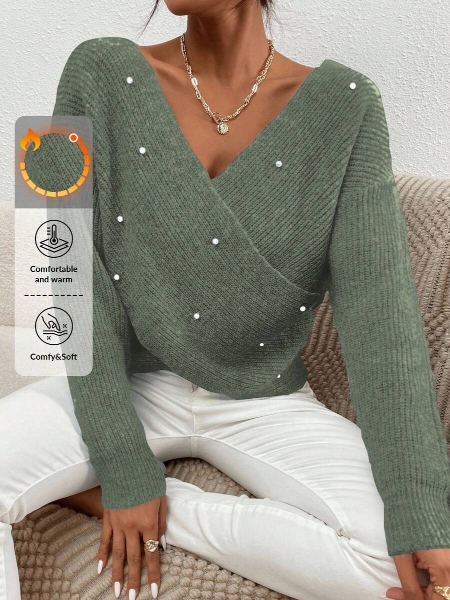 RueChic Crossover V-neck Loose Pearl Detail Sweater - Green - View 1
