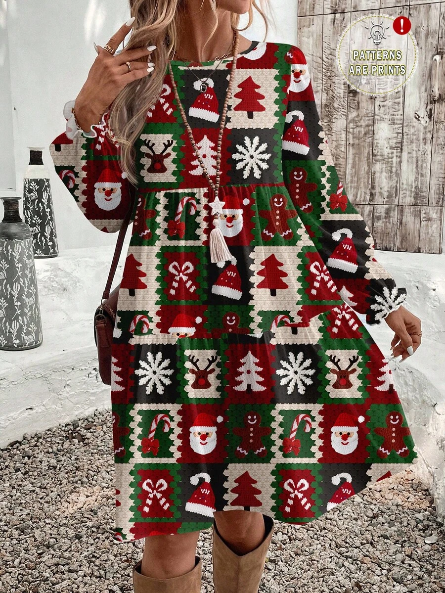 EMERY ROSE Đầm dài vừa phải họa tiết hình gia đình ông già Noel, họa tiết bông tuyết, phong cách Giáng sinh giản dị, thanh lịch dành cho nữ, thích hợp cho các buổi đi chơi, sang trọng - Nhiều màu - Xem 1