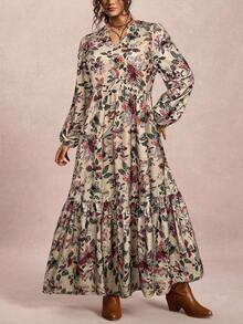 SHEIN LUNE 大码女装秋冬飘逸舒适修身长裙 花卉印花长袖女式冬季服装 女式V领冬季长裙 万圣节服装 女式洋娃娃风格长裙 慵懒休闲风格外出服装 教师服装 大码长裙 外出长裙 - 彩色 - 查看 3