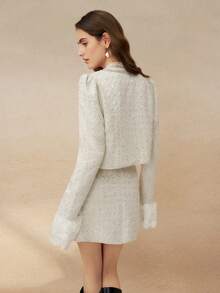 Cévolie French Elegant Sequin Tweed Bow Decor Jacket And Skirt Set - Beige - View 2