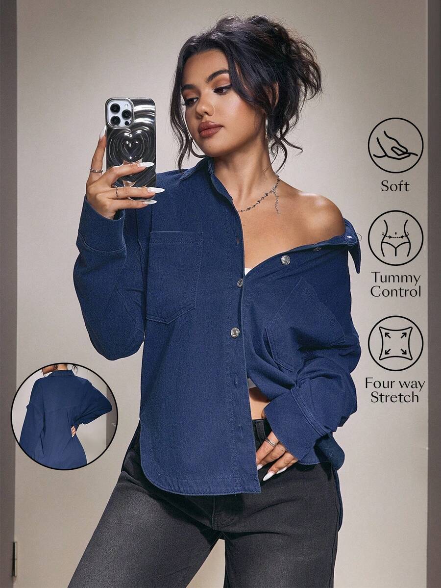 Flexra Women's Casual Basic Button-Up Long Sleeve Denim Jacket - Dark Wash - View 1