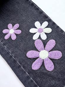 Young Girl Y2k Vintage Washed Flower Flocking Jeans, School, Campus, Autumn And Winter Holiday Jeans, Fashionable, Vintage Washed Denim Trousers, 90s - Dark Grey - View 5