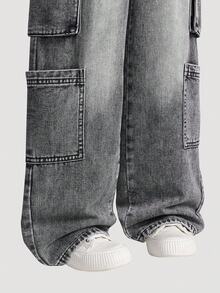 Sparklyn 女童新款不对称腰带设计多口袋休闲宽松直筒牛仔裤，时尚贴身，适合度假和休闲装 - 黑色 - 查看 5