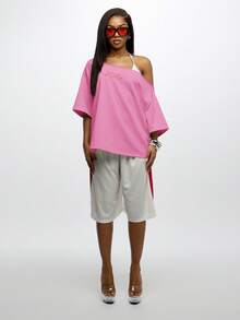 SUMWON WOMEN Off Shoulder Slouchy Oversized Graphic Tee With Text Print Summer Festival Casual Top - Pink - View 3