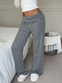 Aloruh Women's Casual Basic Striped Loose Pants Fall Clothes Fall Clothes For Women All Outfits Women  Fall Outfits For Women Fall Outfits Autumn Clothes Women's Fall Clothes Low-Rise Striped Trousers - Grey - View 4