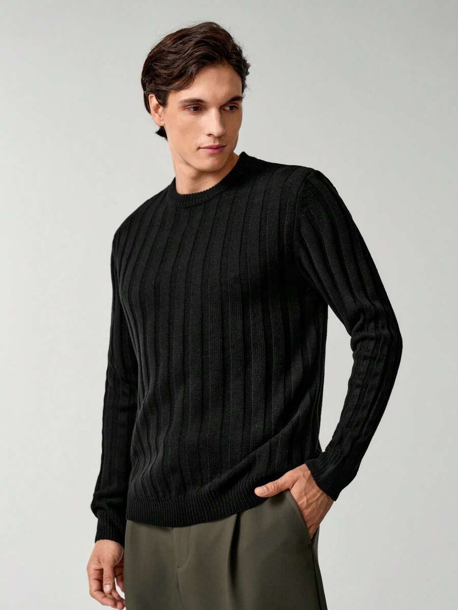 RONVEXI Men's Casual Solid Color Ribbed Crew Neck Long Sleeve Sweater, Fall/Winter - Multicolor - View 1