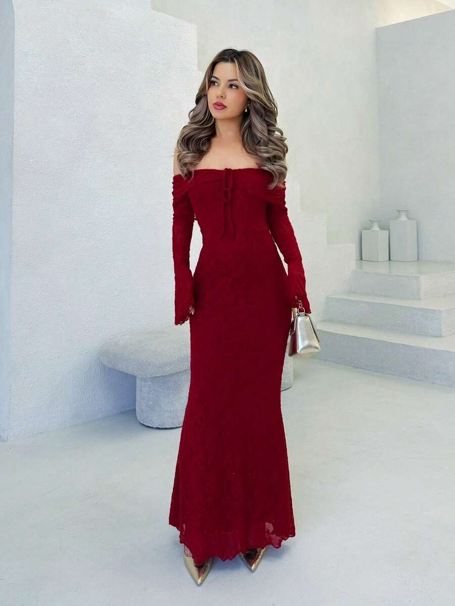 Jemour 女士露肩长袖前系带修身连衣裙，新年女士连衣裙，新年派对连衣裙，情人节 - 酒紅色 - 查看 1