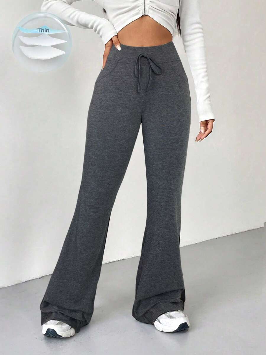 SHEIN EZwear Quần nỉ ống loe cạp cao phong cách retro màu xám đậm dành cho nữ, thích hợp cho lễ tốt nghiệp, trở lại trường, giáo viên nữ, mùa thu - Màu xám đen - Xem 1
