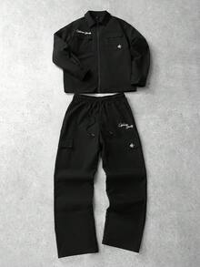 Manfinity Hypemode 男士字母刺绣拉链领衬衫和工装裤套装，秋季服装 - 黑色 - 查看 1