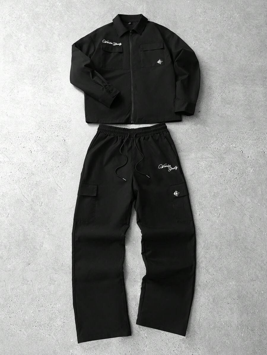 Manfinity Hypemode 男士字母刺绣拉链领衬衫和工装裤套装，秋季服装 - 黑色 - 查看 1