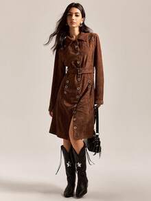 Easelle Vintage Women's Brown Suede Eyelet Design Waist Belt Trench Coat, Autumn Women's Winter Jacket Metal Chicken Eye Decoration Design