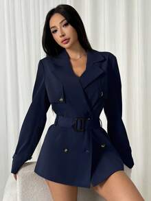 SHEIN EZwear 女式休闲海军蓝双排扣束腰中长款风衣，秋冬 - 藏蓝色 - 查看 3