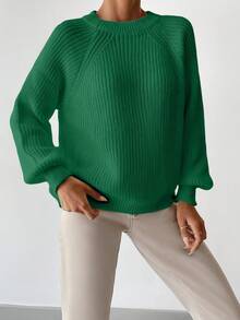 EURMUSE Women's Solid Color Crew Neck Long Sleeve Minimalist Sweater, Casual Everyday - Green - View 4