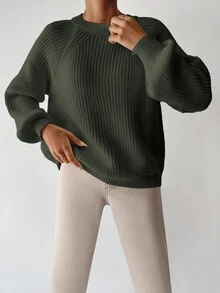 EURMUSE Jersey De Cuello Redondo Manga Raglán Y Color Sólido - Verde militar - Ver 4