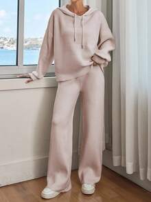 EURMUSE Women Solid Color Drop Shoulder Hooded Pullover & Sweater Pants Set - Baby Pink - View 7