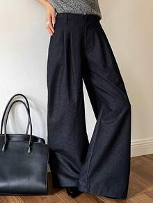 DAZY 女式褶皱长款休闲直筒牛仔裤 - 深色水洗藍 - 查看 2