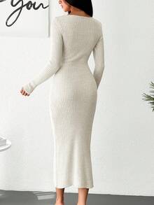 EURMUSE Solid Color V-neck Cross Wrap Ribbed Knit Sweater Dress - White - View 2
