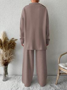 EURMUSE Drop Shoulder Zipper Half Open Knitted Cardigan And Knitted Pants Two-Piece Set - Dusty Pink - View 2
