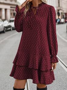 EMERY ROSE Women's Geometric Print Ruffle Trim Long Sleeve Casual Swing Dress - Burgundy - View 6