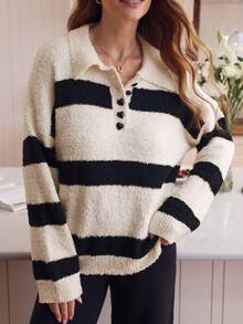Louniche Lässiger, minimalistischer, weit geschnittener Strickpullover mit dicken Streifen und Umlegekragen für Frauen - Verschiedenfarbig - Übersicht 1