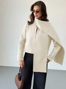 Aloruh Women's Solid Color Scarf Collar Short Jacket, Autumn/Winter - Beige - View 1