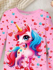 Conjunto de pijama de punto con cuello redondo, estampado de unicornio, bloque de color y luz en el corazón que brilla en la oscuridad para niñas, de tela elástica, cómodo y ajustado, con manga larga y pantalones, color rosa