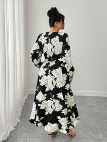 Elenzga Plus Size Women Floral Print Elegant Crossover Neck Ruched Puff Sleeve Long Dress