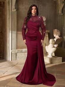 Aureia Plus Size Burgundy Spring Elegant Formal Party Dress, High Collar Pearl Patchwork Satin Long Sleeve Sheer Waist Pleated Mermaid Hem Formal - Burgundy - View 3