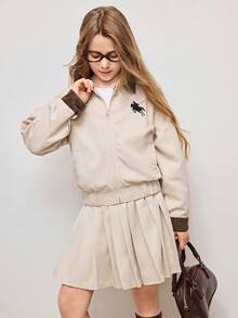 2pcs/Set Fashionable Tween GirlsEmbroidered Collar Khaki Zip-Up Cropped Jacket + Matching High Waist Pleated Mini Skirt Set, Suitable For Daily Commute And Leisure