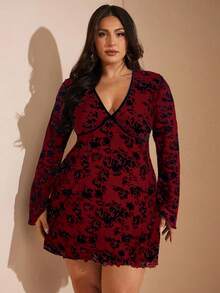 SHEIN BAE Váy chữ A thêu màu xanh lá cây cổ chữ V cỡ lớn, mùa xuân/hè - Đỏ - Xem 3