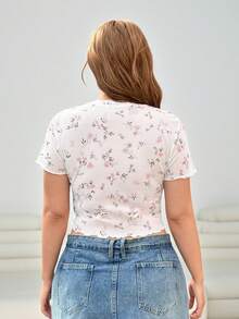 Solflare Plus Size Women's Summer Vacation Sheer Purple Ditsy Floral Pattern Ruffle Hem Form-Fitting Short Sleeve T-Shirt - White - View 3