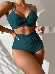 Swim Basics Women's Summer Beach Solid Color Twisted Bust Sexy Bikini Set