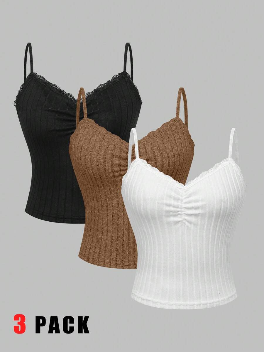 GlowEve Conjunto de 3 piezas de camisetas sin mangas acanaladas de unicolor con encaje y fruncido para mujer, para otoño/invierno - Multicolor - Ver 1