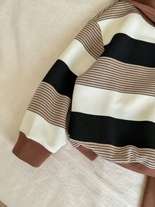 SHEIN 男童休闲韩版宽松舒适条纹连帽衫和裤子套装，适合秋冬季 - 棕色 - 查看 4