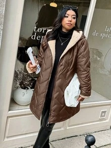 EMERY ROSE Plus Size Winter Clothes Casual Hooded Thermal Lined Padded Padded Coat - Brown - View 5