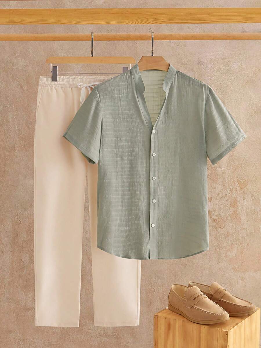 Manfinity VCAY Men's Simple Solid Color Front Button Short Sleeve Shirt And Pants Set, Summer - Multicolor - View 1