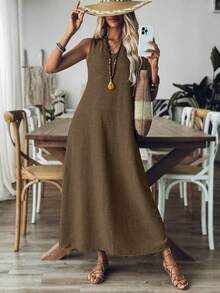 Breezaya 女式 V 领无袖纯色休闲宽松舒适连衣裙长款女装