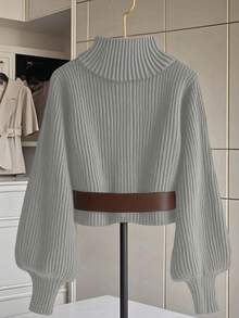 GlowEve 翻领金属纽扣灯笼袖时尚百搭女式毛衣 - 灰色 - 查看 2