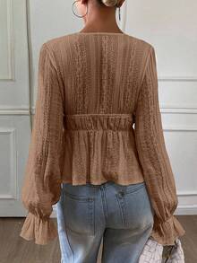 DAZY Damen Einfarbiges Top mit Tunnelzug Taille, weite Ärmel, V-Ausschnitt, lässig elegant für Herbst/Winter, Langarm für Frauen - Braun - Übersicht 2