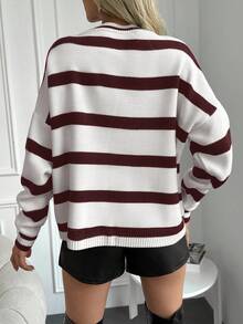 SHEIN Cottnline 女士条纹圆领落肩长袖休闲宽松毛衣，秋冬 - 酒紅色 - 查看 2