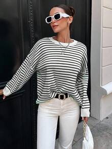 EURMUSE Women's Casual Colorblock Striped Drop Shoulder Sweater, Autumn/Winter - Hijau Tentara - View 4