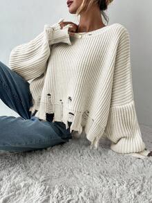 EURMUSE Drop Shoulder Distressed Trim Sweater - Beige - View 5