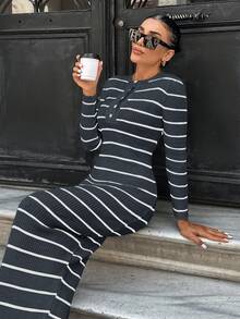 SHEIN Autumn/Winter Casual Ribbed Rib-Knit Fitted Long Sweater Dress - Grey - View 6